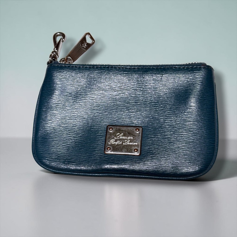 Lauren Ralph Lauren Teal Blue Textured Leather Zip Coin Pouch Logo Plaque Small
